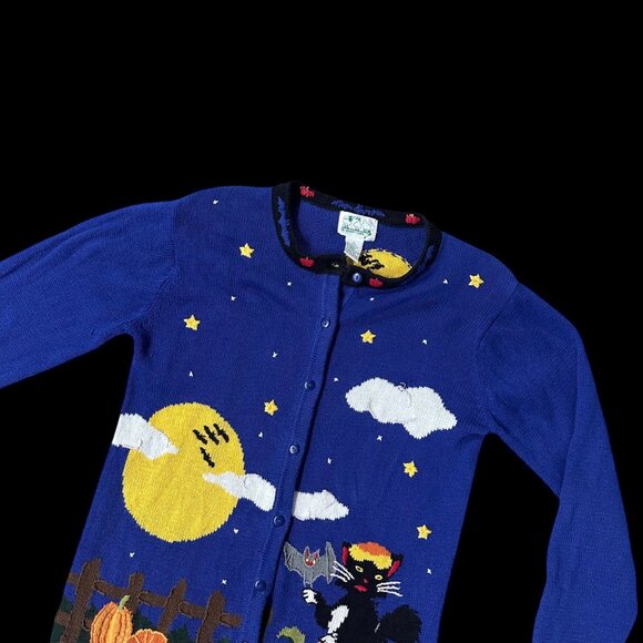 Vintage Quacker Factory Halloween Sweater Cardigan Med Black Cat Pumpkins Moon - Picture 1 of 8